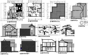 Set of plans in autocad of simple residence of country style, architectural plant, dimensioned, details of foundation, elevations and sections, plans for free download.