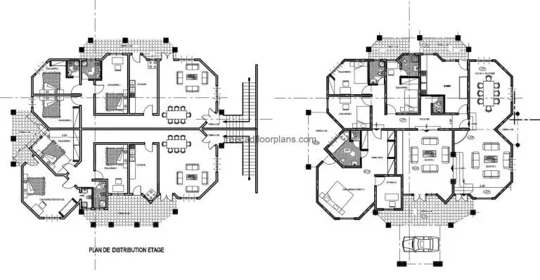 complete plans of big house of two levels with irregular shape, for free download in DWG format