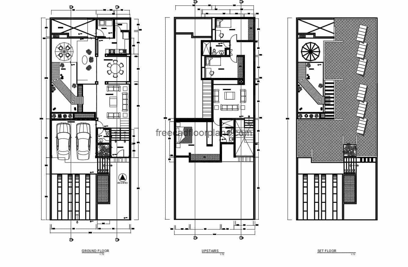 Architectural and dimensional drawings with two-level residence elevations for free download in Autocad DWG format