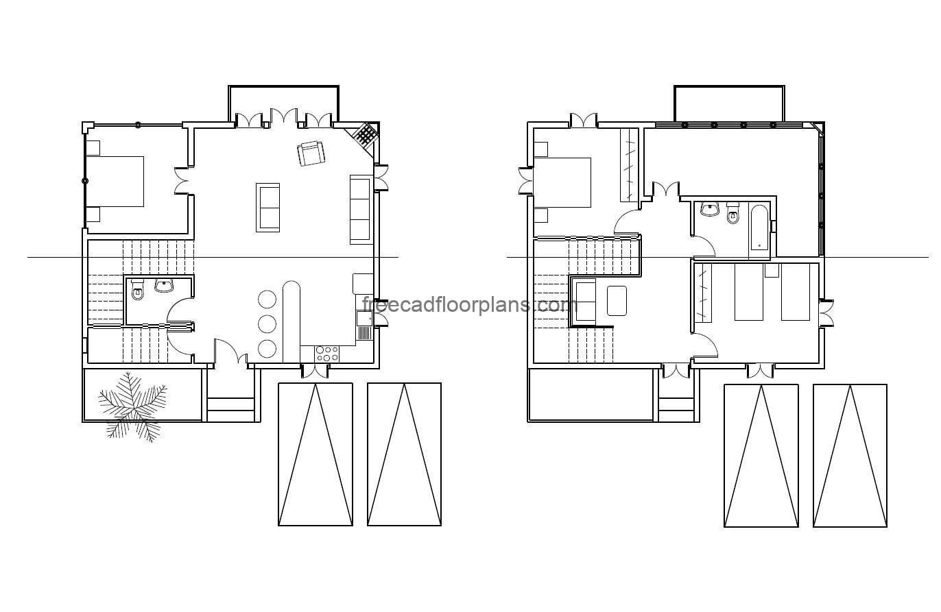 Plans of simple family residence of two levels with three rooms, set of dimensioned and architectural plans to download for free in DWG format