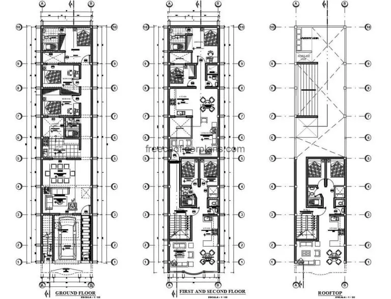 This is an architectural project defined in Autocad DWG plans of a four level residential housing project with independent residences. The project has architectural, dimensional, and structural foundation plans for free download.