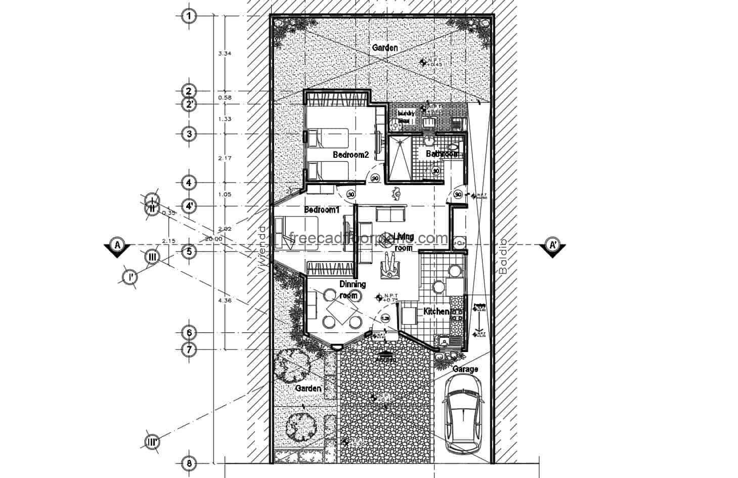 Architectural design plan in DWG format from Autocad single level with two rooms, plans for free download editable