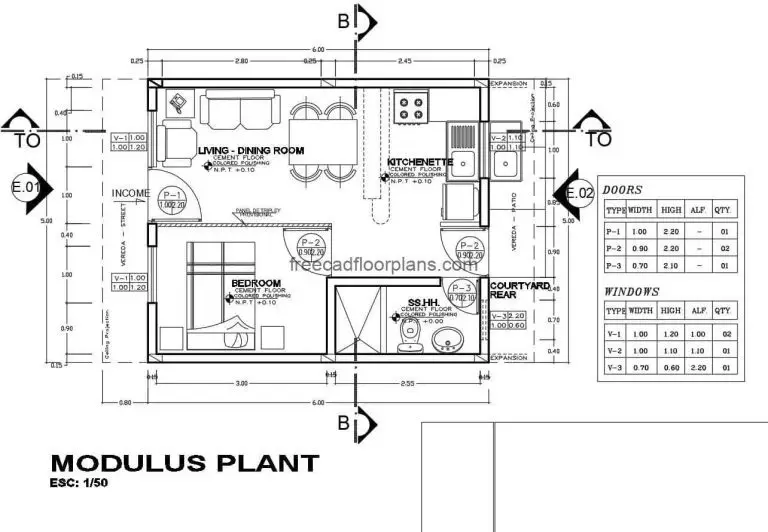 Complete architectural project of plans in Autocad DWG format of simple small house of a room for free download, plan has details of foundation, details of sanitary installation, electrical, structural plans, elevations of exterior facades and sections.
