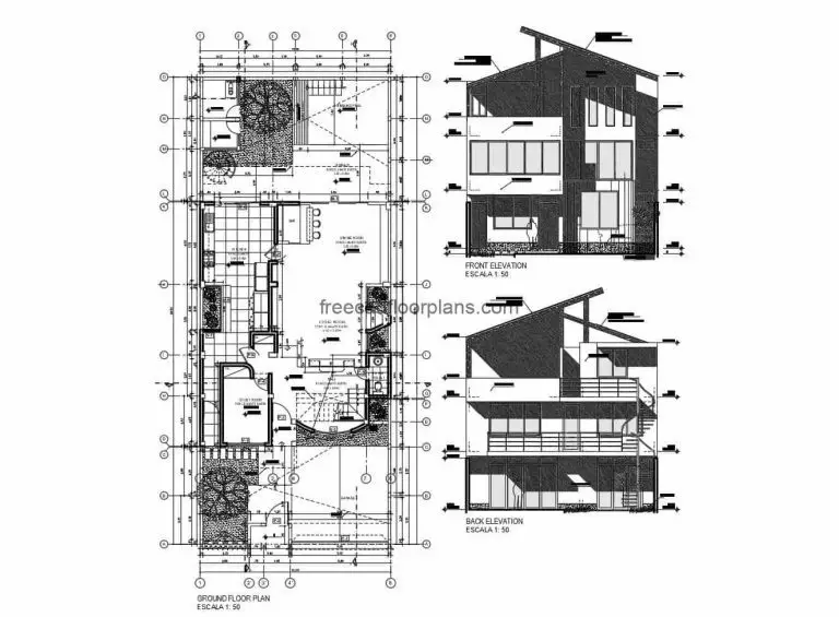 Architectural project plans of modern residence of three levels with defined spaces, autocad blocks, facade, elevations and sections. Plan for free download in DWG format.