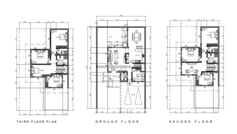 Architectural design and dimensioning of a complete house of three levels with eight rooms in total, plans for free download in Autocad format