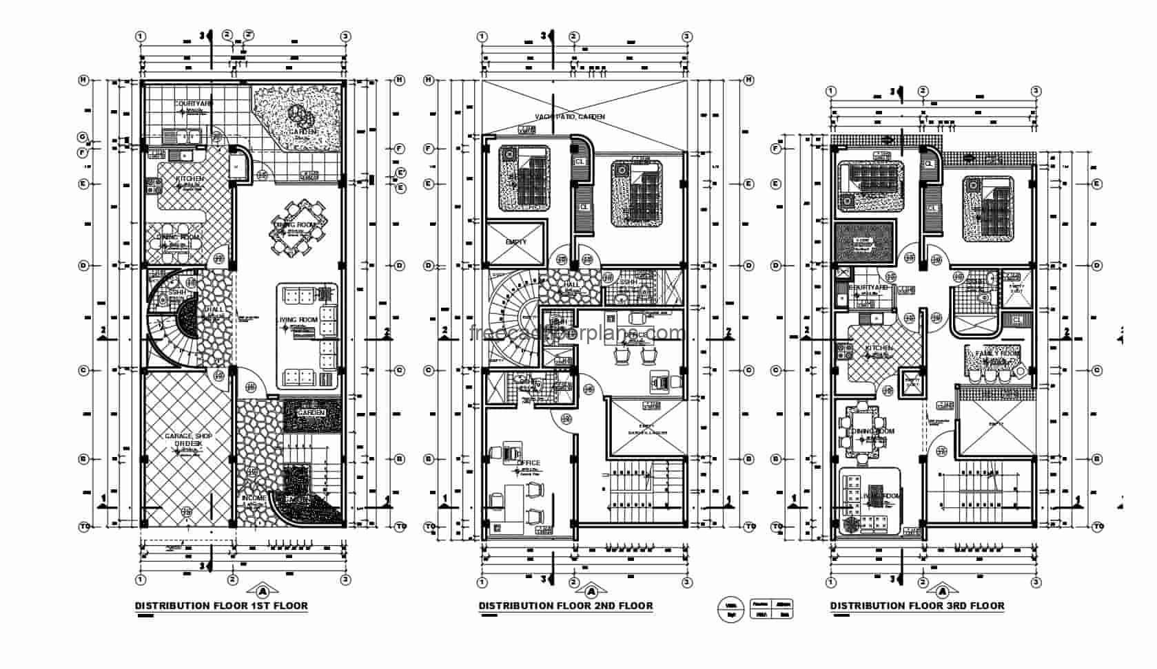 Architectural and dimensional plans in Autocad DWG drawings of a three level building with two houses, 2 rooms for each independent house, several offices and a usable roof, plan in editable format for free download.