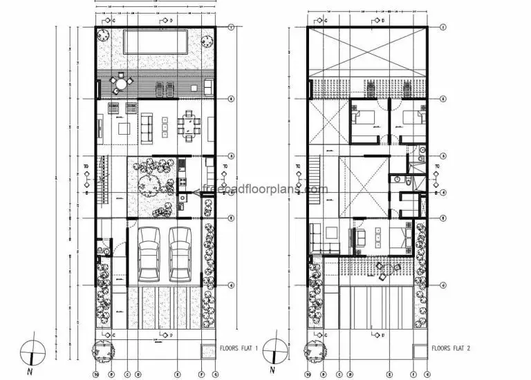 Architectural design in DWG format of rectangular house of two levels with three rooms in the second level, garage for two vehicles in the first level, living room, kitchen, and back with dining room, family room, terrace and pool, the house also has an interior patio that divides the spaces.