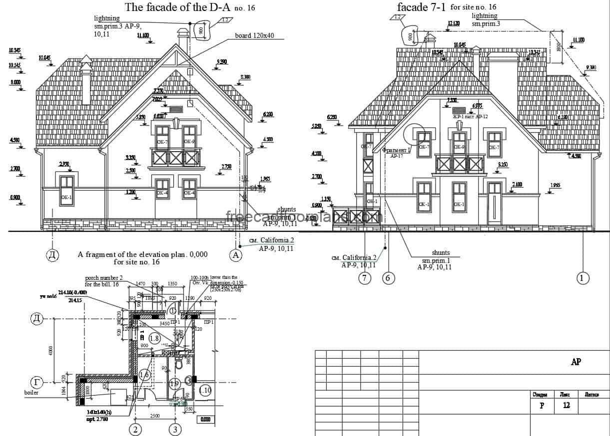Two-story country residence, architectural plan design with lots of wood and structural details in Autocad DWG format for free download.