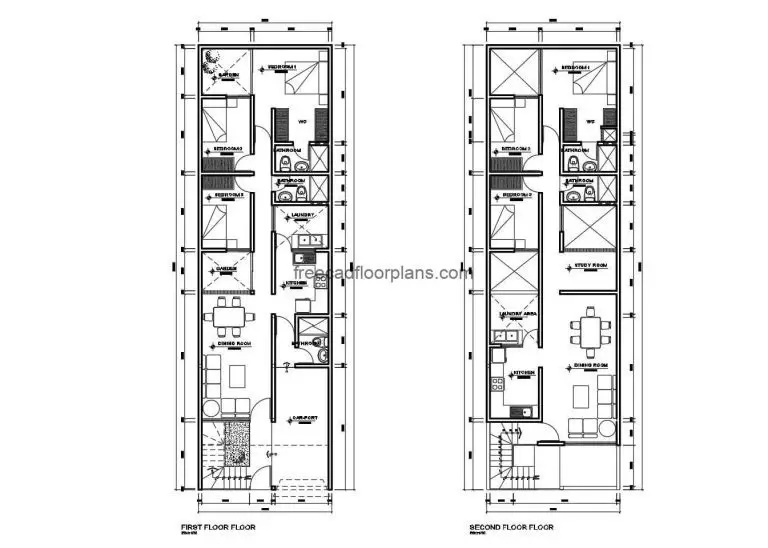 Individual houses on two flat levels with interior distribution and dimensions in DWG Autocad format for free download. elevations, sections and construction details.