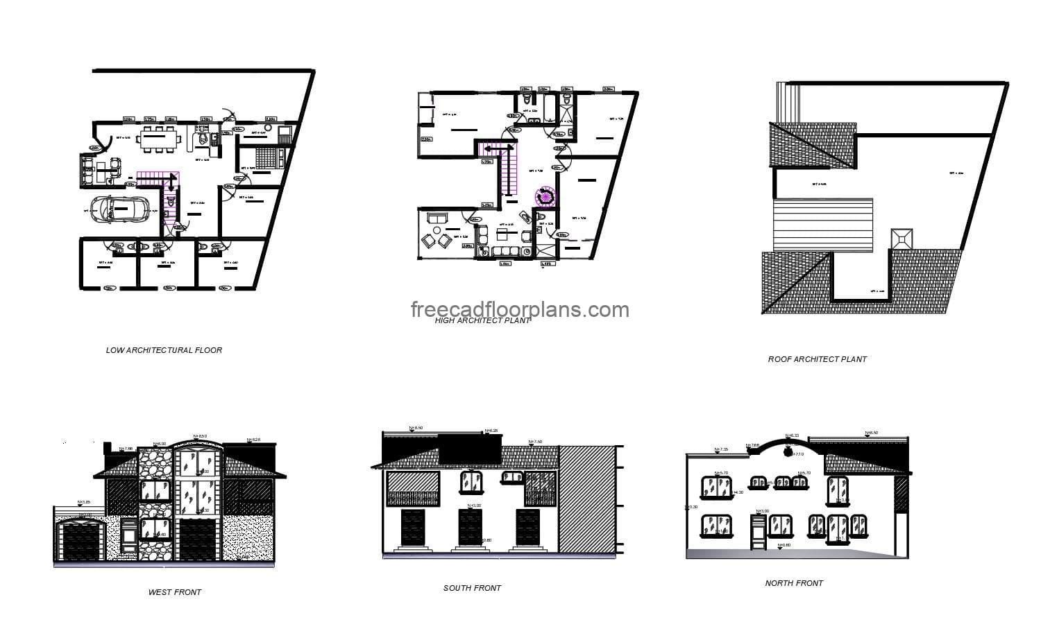 Complete architectural project of a two-level residence with five rooms, all drawings in Autocad DWG format, architectural plans, dimensioning, foundations, details of sanitary and electrical installations. Section views, elevations, structural details, isometric views of sanitary installation in DWG and electrical installation diagrams.