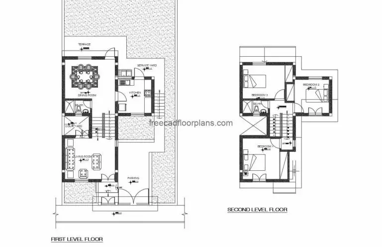 Architectural project in Autocad DWG format of a two-level house with three rooms, furniture blocks in Autocad, architectural plant, dimensioning, elevations, sections and drawing details in DWG format for free download