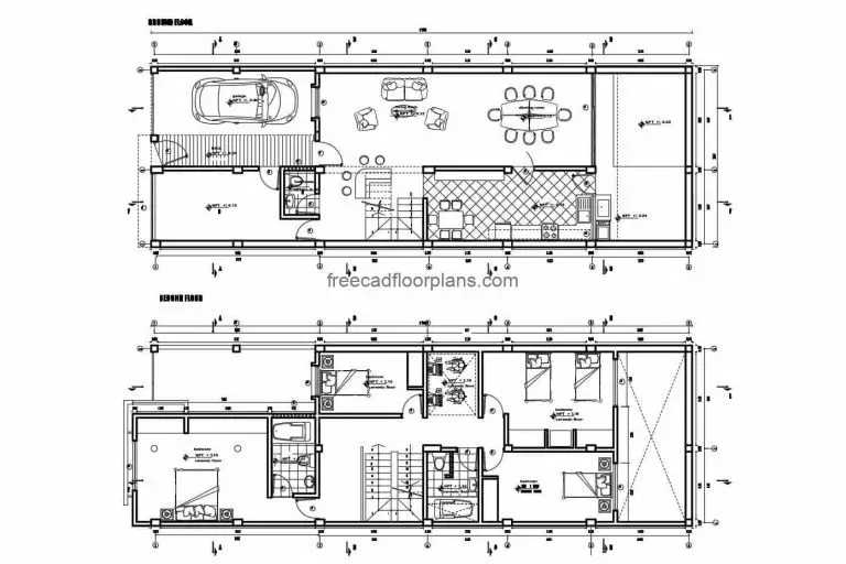 Architectural and dimensional plans, with facades, elevations and sections of two-level residence with four rooms, silver foundation, sanitary and electrical with construction details, plan for free download in autocad DWG format.