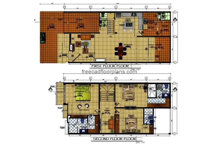 Architectural plans of a two-storey house with three rooms, drawings in DWG format of autocad with details of interior furniture for free download.