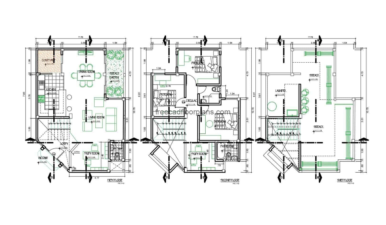 Residence of two levels with roof, modern style floor with defined furniture, architectural plants, dimensioned, elevations and sections in Autocad DWG format for free download.