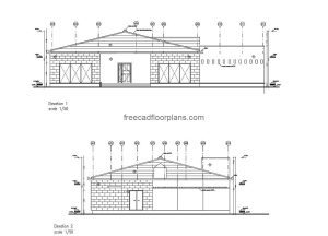 Architectural and dimensional plan with elevations of a country villa, construction details, drawing in DWG Autocad format