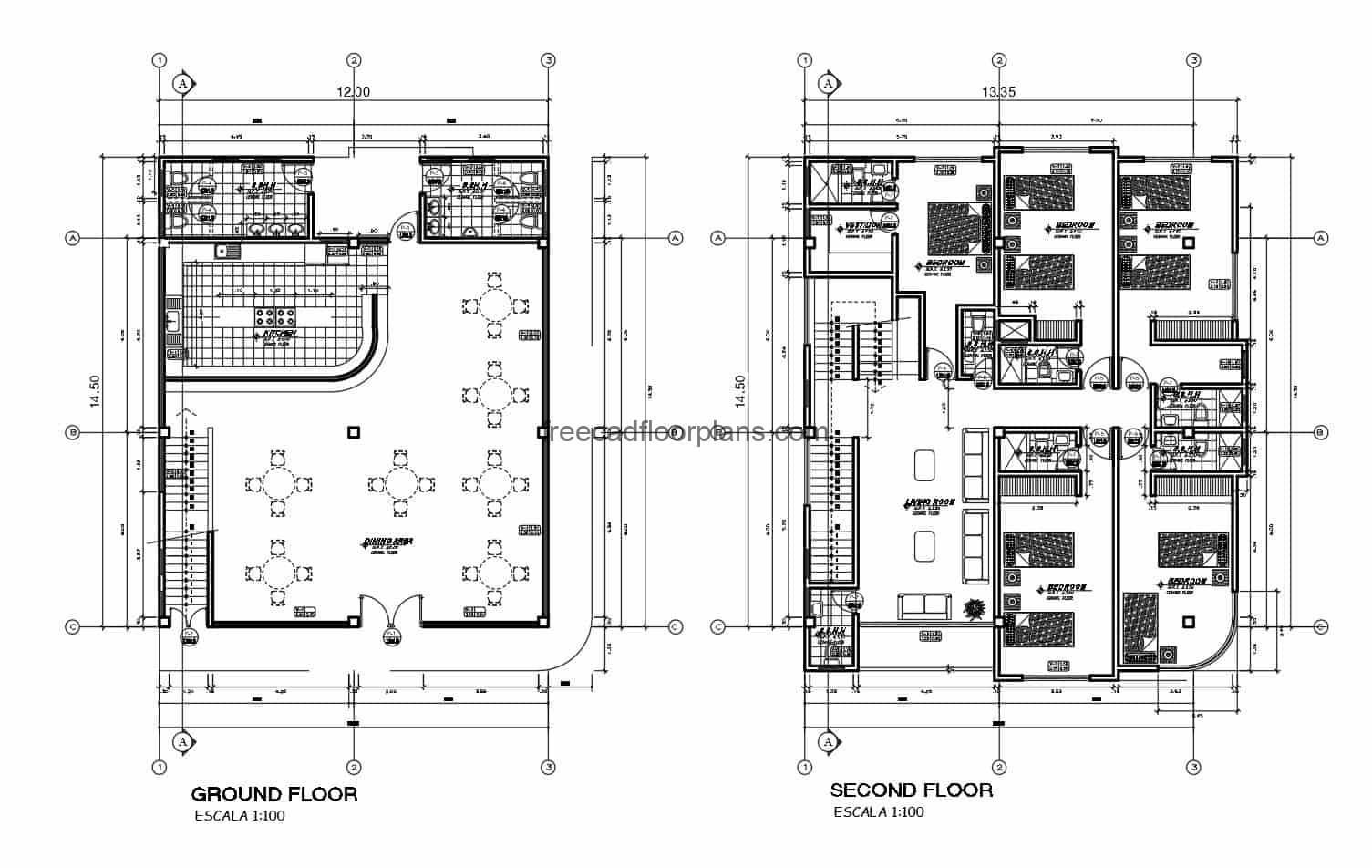 Mixed commercial-residential building, building with kitchen-restaurant on the first level and two upper levels with living quarters, plans with details and drawings in DWG format for downloading by e-mail