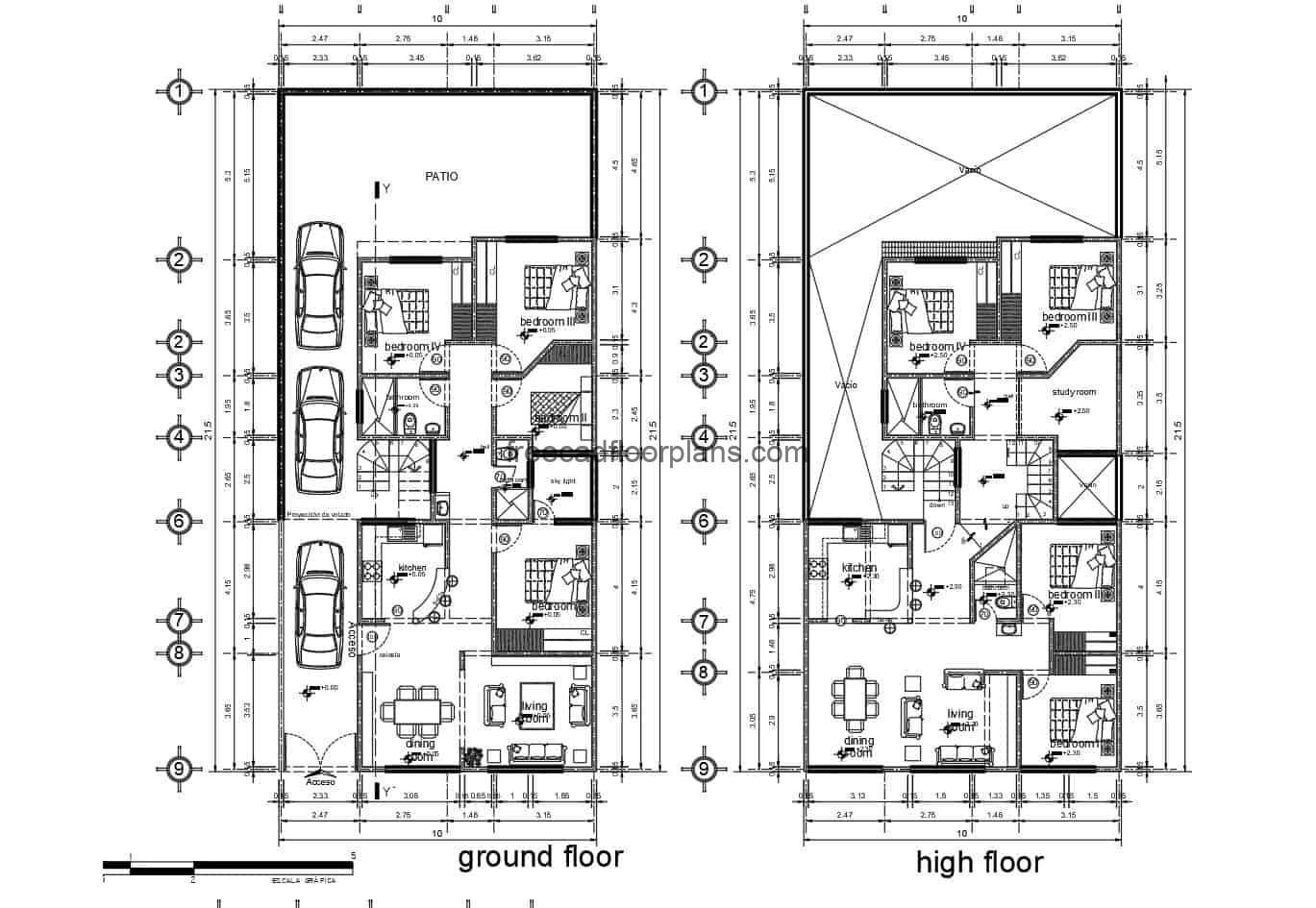 Project of plans in Autocad, of two houses in the same structure in different levels of four rooms each one, plans with details, architectural and dimensioned, facades and sections for unloading free in format DWG