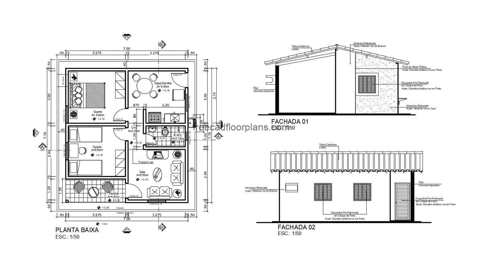 Plans in DWG Autocad format of small country house on one level, with two rooms, elevations ,sections, foundation details, small dimensions, plan for free download