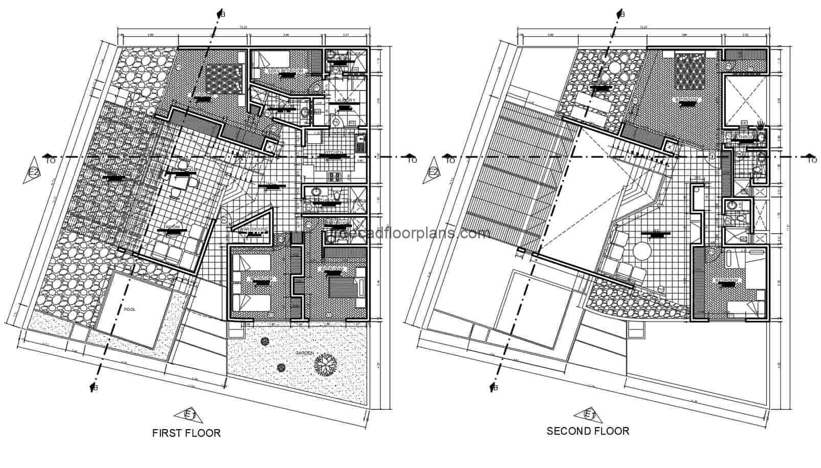 DWG drawings of plans, elevations, sections and details of a two-story house located at the edge of the beach, modern style floor plan.