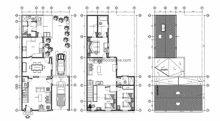 Architectural and dimensional plans of a two-level residence with four rooms and usable roof, plans designed in Autocad DWG, construction details, floor plan with Autocad blocks and dimensions.