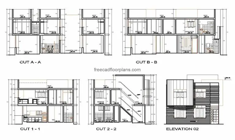 Project in autocad format, architectural plans of modern family of two levels with four rooms ,plans in Autocad format with details and dimensions