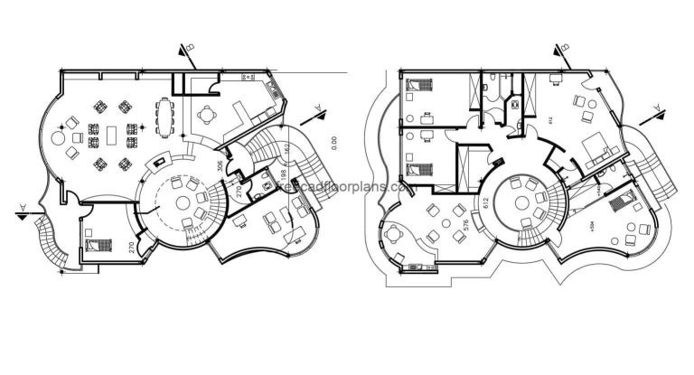 House with integrated circular shapes, three levels and modern style, complete architectural design and dimensional drawings in Autocad DWG format for free download. The house has parking for several vehicles, and five bedrooms in total. editable house blueprints, autocad interior blocks