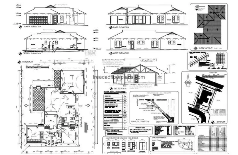 Complete architectural project plans of a country residence of one level with three rooms, the complete project composes architectural plans, dimensioning, elevations, sections, siteplan, doors and windows plan, structural and wood details. Bluprints for free download in DWG format from Autocad.