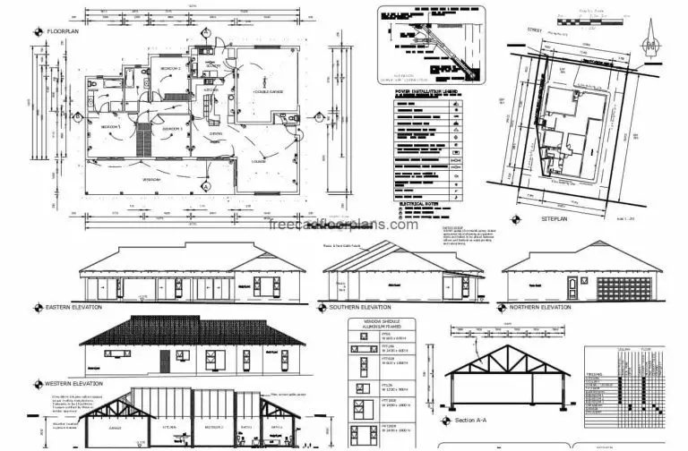 Complete detailed project plans of small country house with sloping roofs and wooden structural details, dimensional plans, architectural, door and window details, master plan. The residence is of one level with three bedrooms and social area defined in living room, kitchen and dining room with perimeter terrace. Blueprints in DWG format for free download, editable plans