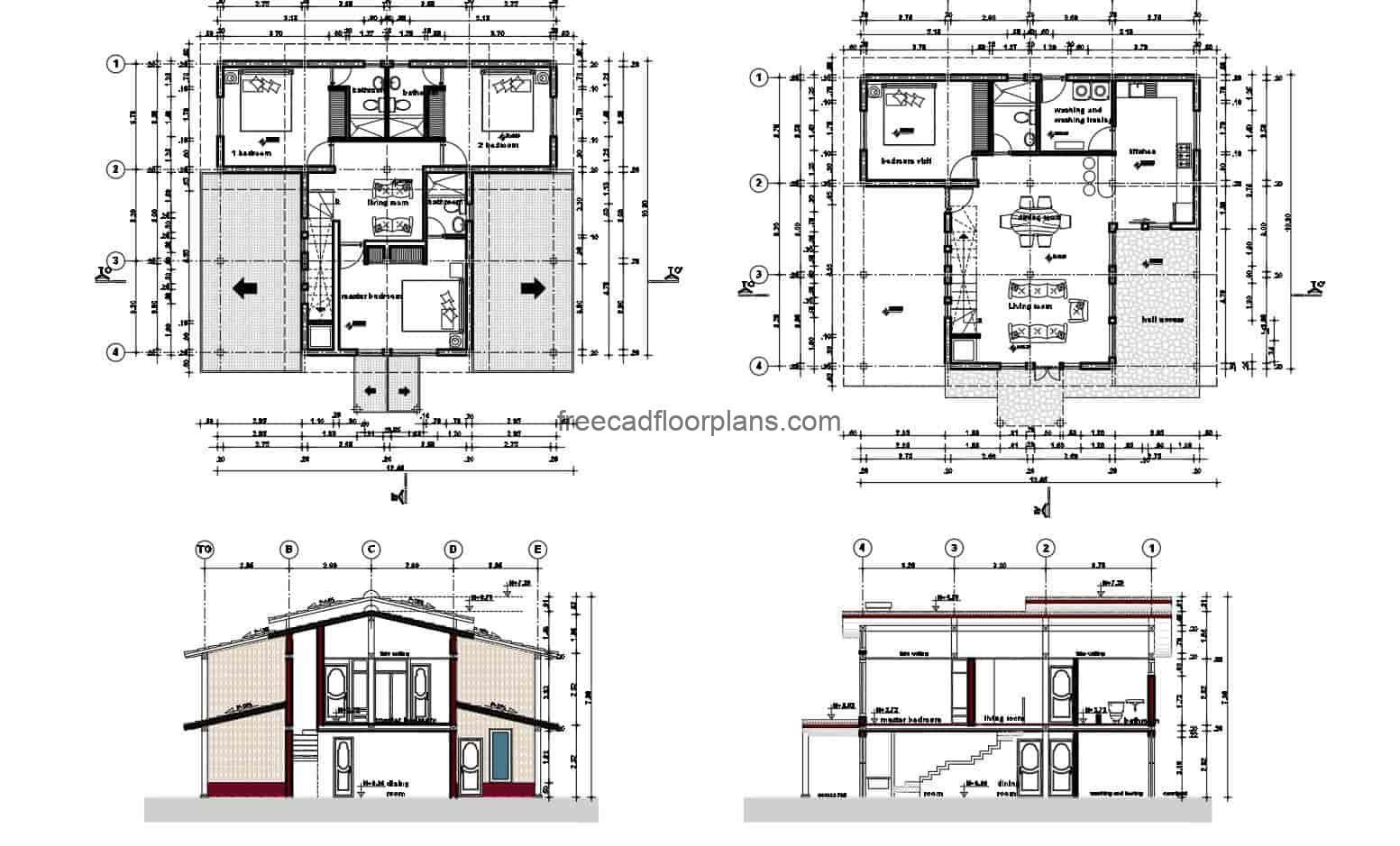 Architectural plans for a two-level country house with three bedrooms, front wood cladding, dimensional plans, electrical, sanitary, elevation sections. Overall plan, country house with side and front terraces. Blueprints for free download in Autocad DWG format, editable DWG interior blocks.