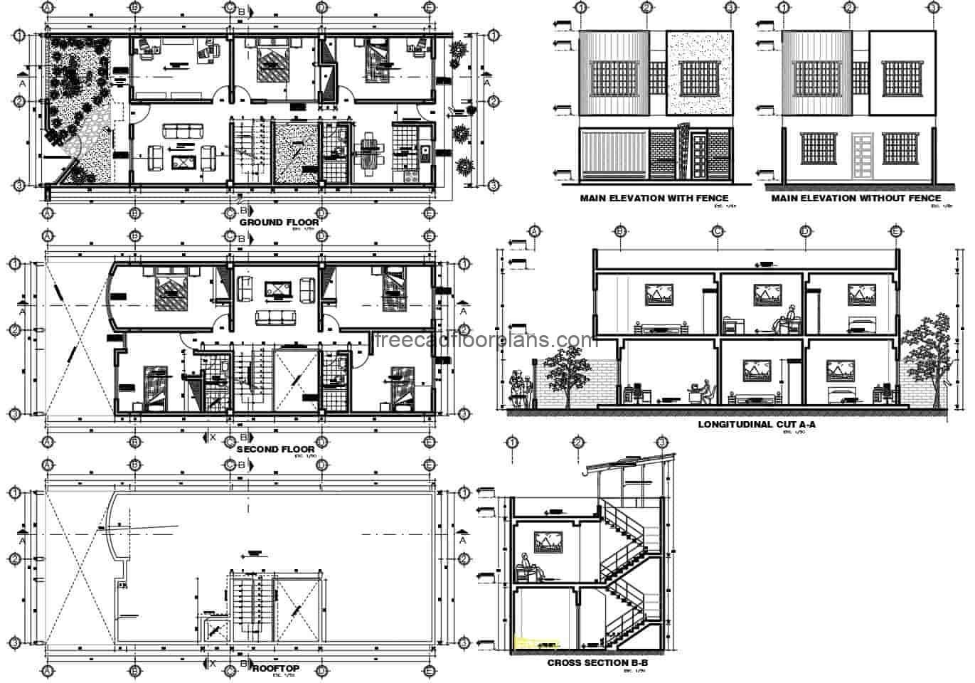 A complete project for a single family residence with four bedrooms on two levels, a social area on the first level with a garden, living room, kitchen, dining room, second level with four bedrooms. Plans with architectural design, elevations, sections and details of facade for free download in Autocad DWG format.