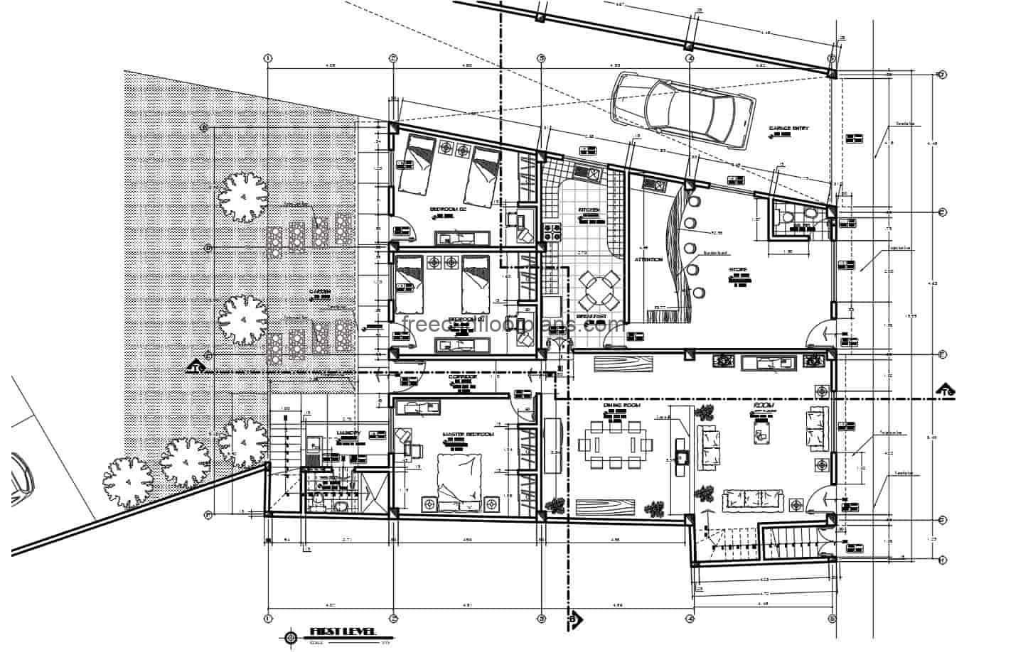 Architectural design of 2D DWG plans Mixed house and commerce with dimensioned plan, elevations and sections. The place has a two-level residence with seven rooms in total, living room, kitchen, dining room, and attached a commercial space in front. Blueprints 2D for free download in Autocad DWG format