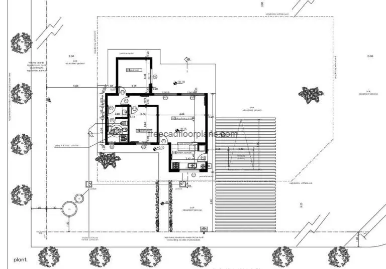 Architectural and dimensioned plans of simple residence of a level with two rooms, basic distribution of living room, kitchen, dining room, parking for vehicles, front terrace. 2D blueprints for free download in Autocad DWG format, Autocad blocks.