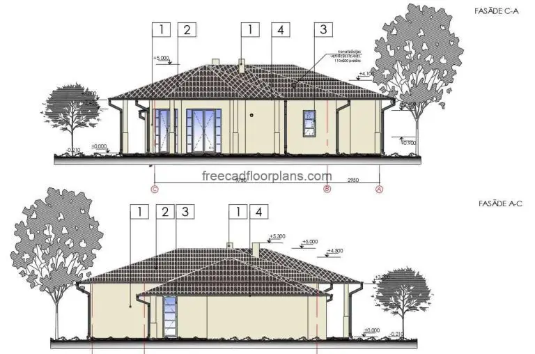One-level country house, detailed architectural plans with dimensions, elevations and sections, material details, roof structure floor plan and structural wood details. Editable plans for free download in Autocad DWG format.