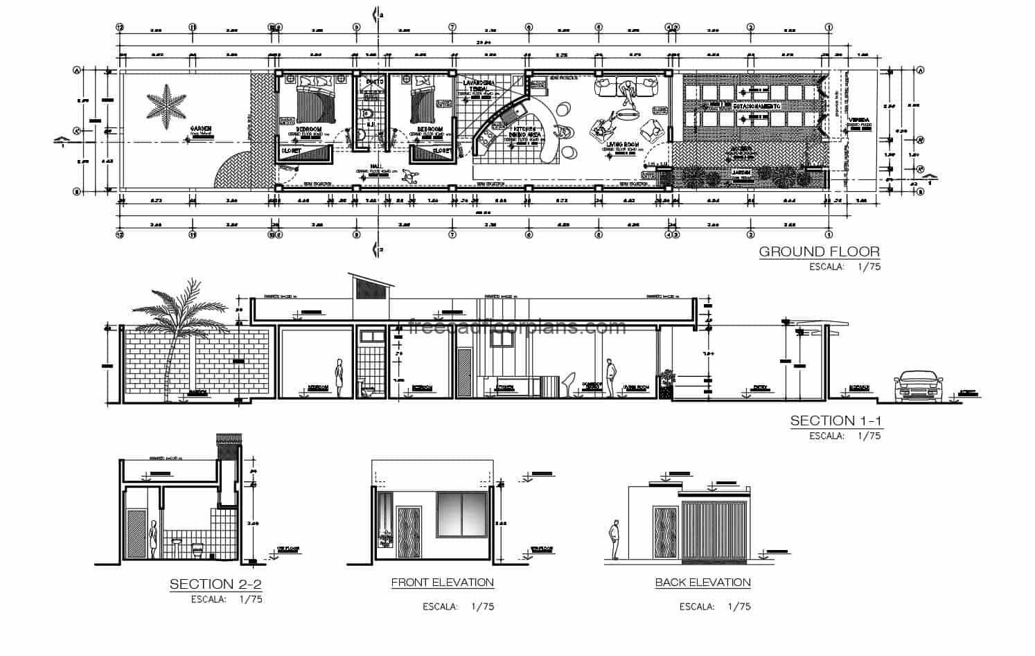 Architectural and dimensional plans, with facade elevations and single-level house cuts with two bedrooms, parking, garden, living room, kitchen and dining room, a shared bathroom and laundry area. Preliminary plans in DWG format from Autocad for free download.