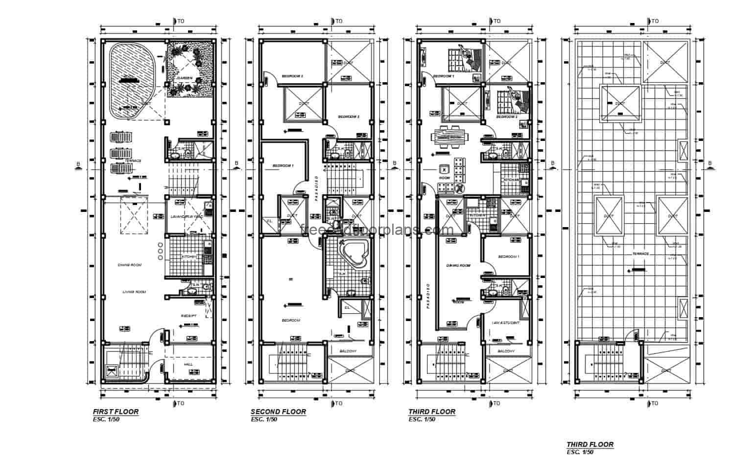 Architectural 2D plans and dimensioning of the residence of three levels in Autocad DWG format, the residence in the first floor has a social area with living room, kitchen, dining room, laundry area, garden and pool area. Second and third levels have six bedrooms in total and a common terrace area for the building. 2D blueprints for free download.