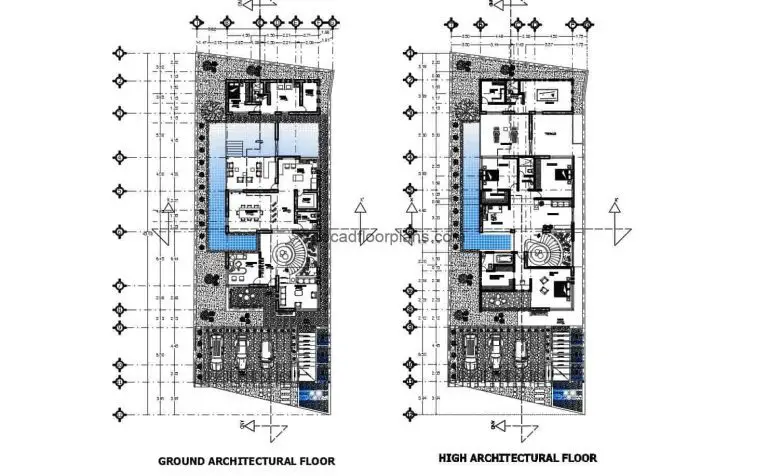 Modern two-level residence complete plan project for free download in DWG format, residence with front and rear terraces and three bedrooms. Dimensioned and architectural blueprints with Autocad blocks.