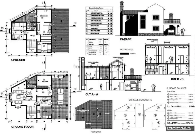 Two-level house with terrace, complete project plans in Autocad DWG format for free download, residence with terrace and sloping roofs. Three rooms in total on the upper floor, garage with grill in the background, plans with details of materials, sections, facades, floor plan and architectural. Blueprints of house design for free download.