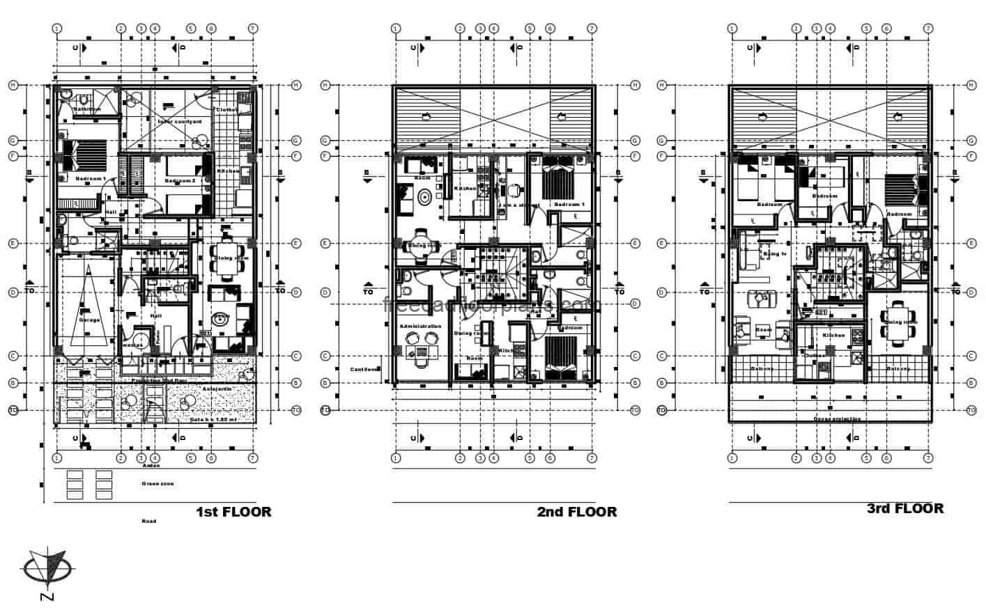 Housing project of three levels of independent houses, architectural plans, dimensions and foundation details in Autocad DWG plans for free download. Each house has a social area with living room, kitchen, dining room and three bedrooms.