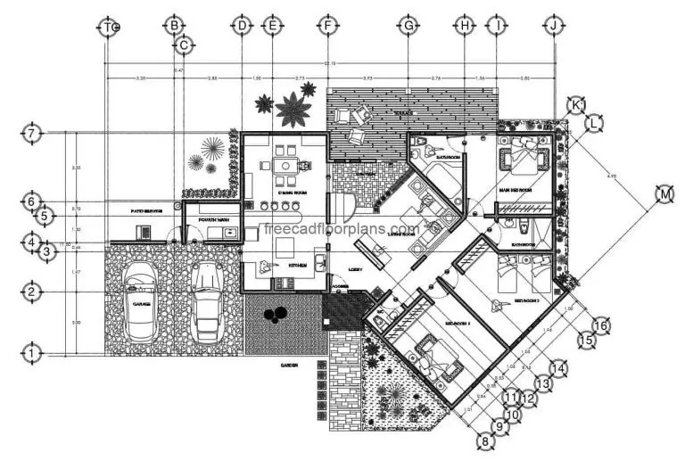 Residence of three rooms, house with irregular shape of a simple level with three rooms, architectural and dimensional plans with facade elevations for free download in Autocad DWG format. Editable furniture blocks in DWG inside the house, editable blueprints.