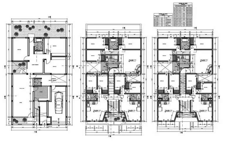 Housing project of three levels in 2D architectural plans, dimensions, facades and sections, each housing unit has two houses per level, each house has living-dining area, kitchen and laundry area and two bedrooms with two bathrooms. Blueprints in 2D for free-download, editable plan in DWG format from Autocad.