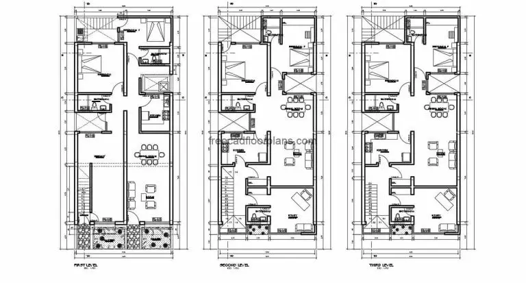 Residence of three independent levels with two rooms each, the complete project includes architectural plans, dimensions, sections, elevations, foundations, and technical sanitary, electrical and structural plans. Blueprints in Autocad DWG format for free download.