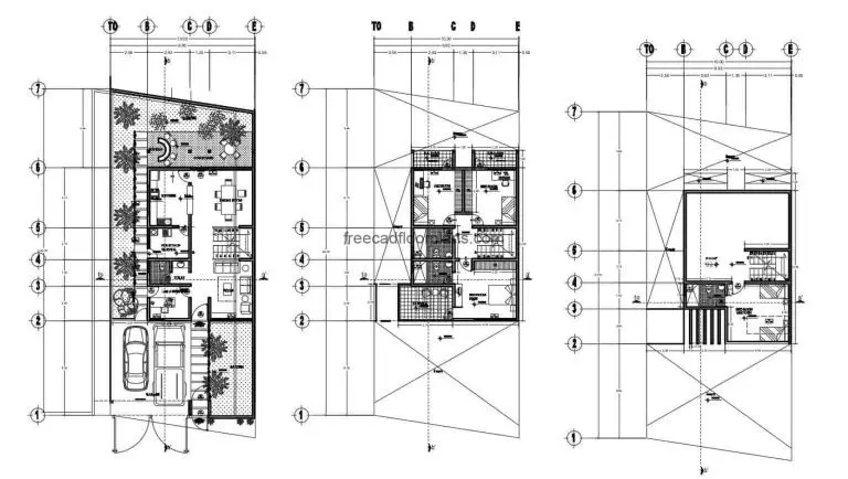 Complete plans developed in Autocad DWG format of simple house of three levels with four rooms in total. First level social area with living room, kitchen, dining room, laundry area and half bathroom, patio with minibar, second level three bedrooms each with balcony and two bathrooms and third level another bedroom with bathroom. 2D blueprints for free download.