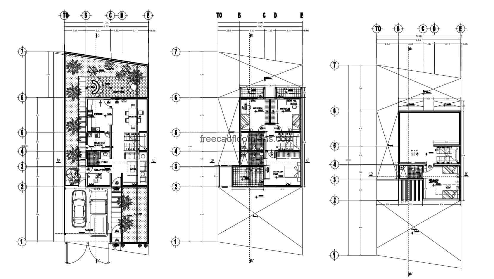 Complete plans developed in Autocad DWG format of simple house of three levels with four rooms in total. First level social area with living room, kitchen, dining room, laundry area and half bathroom, patio with minibar, second level three bedrooms each with balcony and two bathrooms and third level another bedroom with bathroom. 2D blueprints for free download.