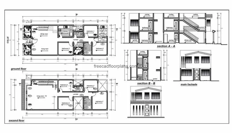Architectural and dimensional plans with facade elevations and sections designed in Autocad DWG format of a two-level elongated rectangular residence with seven rooms in total. Residence has front gardens, living and dining room side by side, separate kitchen, interior garden, two bedrooms and two bathrooms on the first level, on the second level has five rooms with two bathrooms and family room. 2D blueprints for free download, detailed plans with editable autocad blocks.