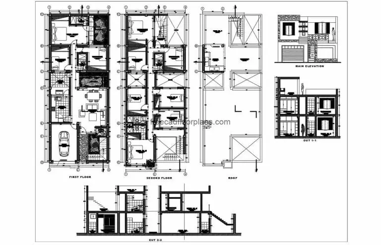 Complete architectural project of two-level residence in DWG format by Autocad, elongated rectangular house with 8 rooms in total, first level social area with garage, living room, dining room, side kitchen, laundry area, bathroom, intermediate and backyard. Second level private area with 7 bedrooms and three bathrooms. The set of plans contains architectural, dimensional, elevations, sections, electrical, sanitary, structural and structural details. Blueprints 2d for free download with interior Autocad blocks.