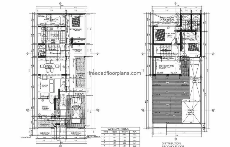 Complete project plans in DWG format from Autocad of a two level rectangular residence with three bedrooms in the second level, first level social area with garage for one vehicle, living room, kitchen, dining room, study room and patio area. Architectural, dimensional, electrical, sanitary, foundation and structural plans, with blocks and CAD furniture details. Blueprints in DWG for free download.
