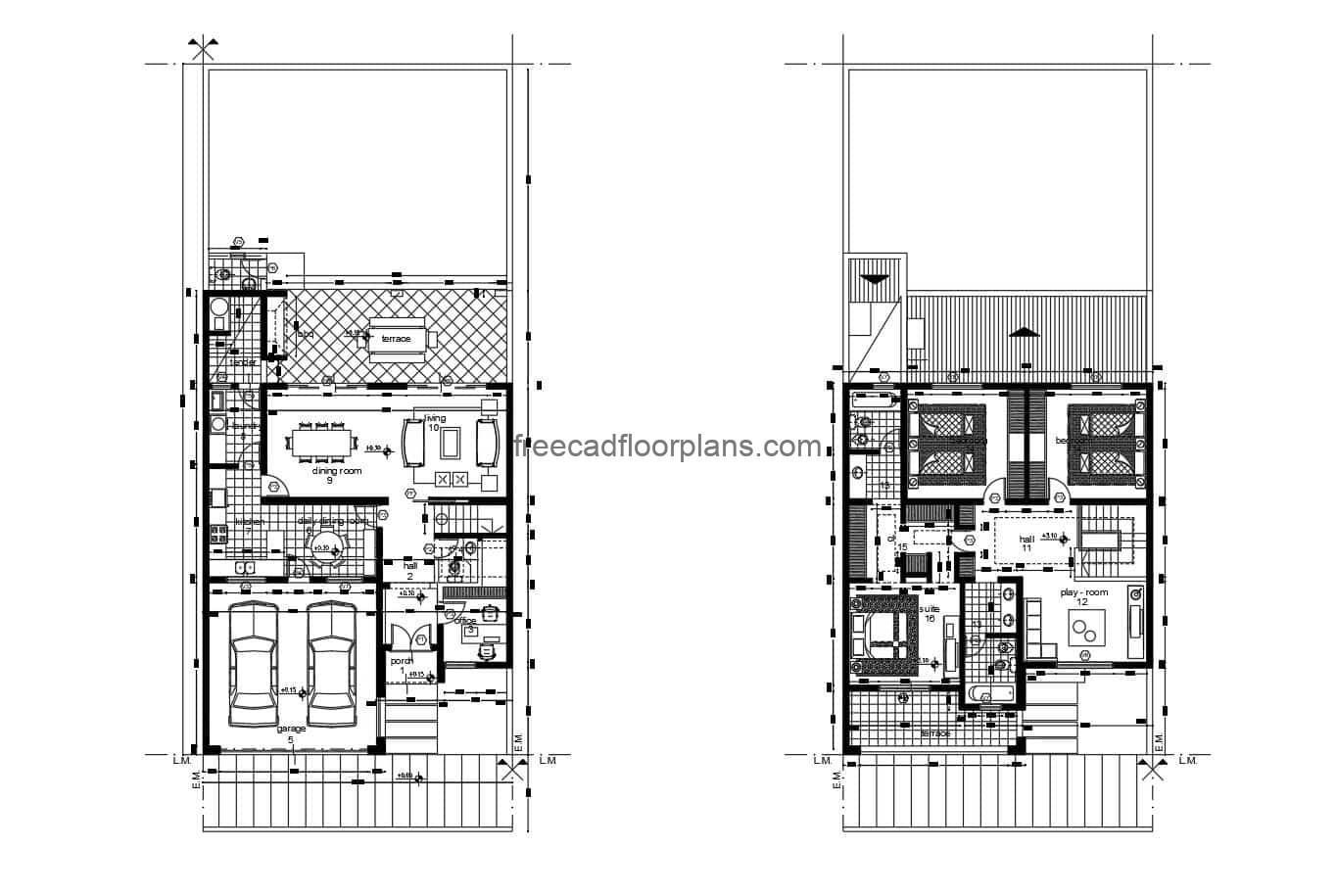 Architectural project and dimensioning of a two-level residence with three rooms in total on the second level. First level with garage area for two vehicles, living room, office, dining area, kitchen, rear terrace, laundry area and bbq area. 2D plans in Autocad DWG format for free download. The plans include, architectural, sizing, roof plan, elevations, sections.
