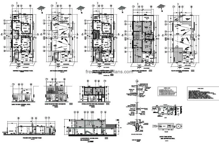 Complete project for the extension of the house, from one level to two levels, the preliminary project includes the survey of original plans of the project, facade plans, elevation sections, hydraulic plans and structural details. Architectural and dimensional blueprints for free download, DWG Autoca