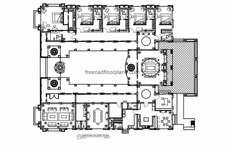 Complete design plans in DWG format of Autocad residence with central patio, around the patio are distributed four bedrooms, dining room, living room, kitchen, study room and family room, all on the same level. 2D blueprints for free download, with furniture blocks in Autocad DWG format fully editable. elevations, sections, plans of technical details, electrical, sanitary.