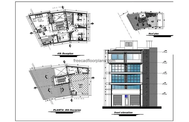 Architectural and dimensional plans of mixed residential building with three houses by level and first level of commercial use and offices, each small house has a social area with living room, kitchen, dining room, study room, two bedrooms and two bathrooms. Detailed 2D blueprints for free download in Autocad DWG format with fully editable interior blocks.